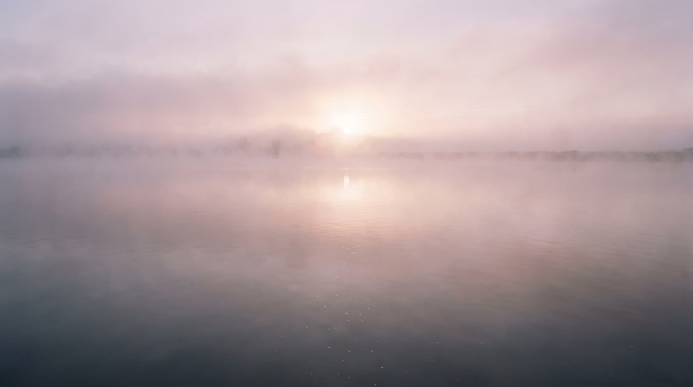 Dunst über einer ruhigen Wasserfläche im ersten Morgenlicht
